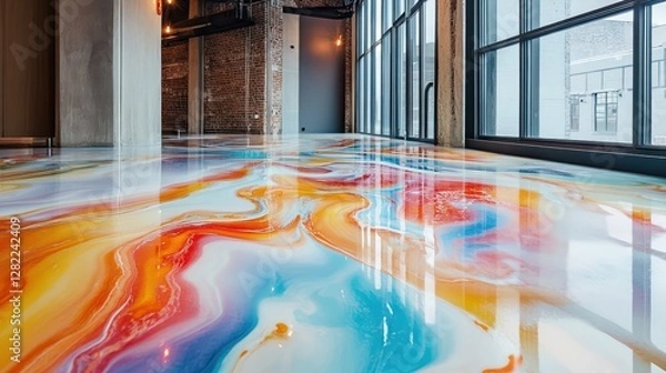 Fototapeta dynamic colored epoxy floor, vibrant patterns with a smooth glossy finish, designed for unique contemporary aesthetics