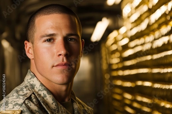 Obraz Man in a military uniform stands in front of a gold wall