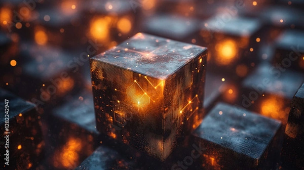 Fototapeta A futuristic metaverse concept featuring digital cubes symbolizing network connections, technology, and artificial intelligence, reflecting the modern era of advanced digital transformation.

