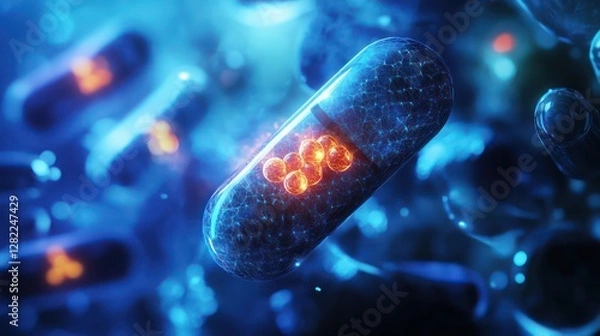 Fototapeta Engineers developing graphene-enhanced drug capsules, compact glowing systems revolutionizing medication delivery