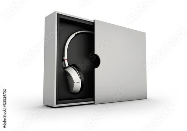 Fototapeta 3d Illustaration of Black and silver headphones in white box on