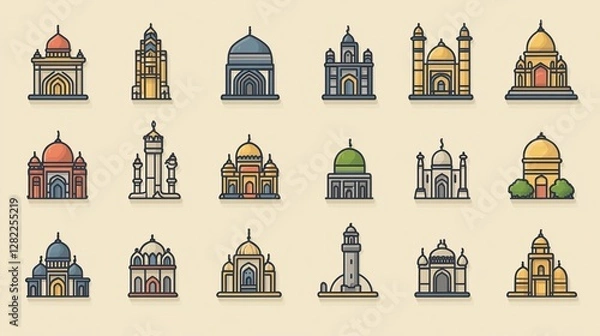 Fototapeta Colorful mosque icons set on light background, diverse architectural styles
