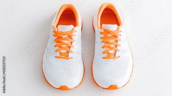 Fototapeta White Sport Shoes with Orange Laces on White Background Viewed from Above for Exercise and Running