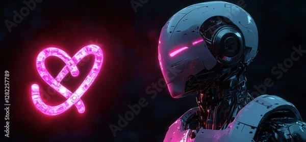 Fototapeta Futuristic Robot in Dark Environment with Pink Infinity Symbol in Cyberpunk Art Style