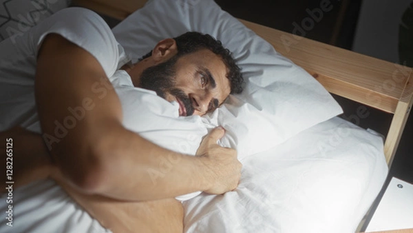 Fototapeta Young hispanic man with a beard lying on a bed in a home bedroom, hugging a pillow and looking thoughtful.