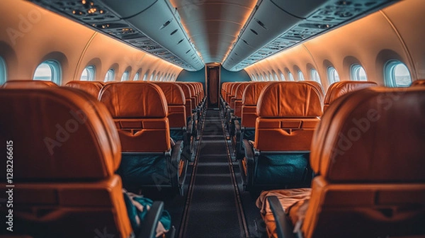 Fototapeta Inside a modern airplane cabin with rows of empty seats, conveying a sense of travel, space, and quiet anticipation