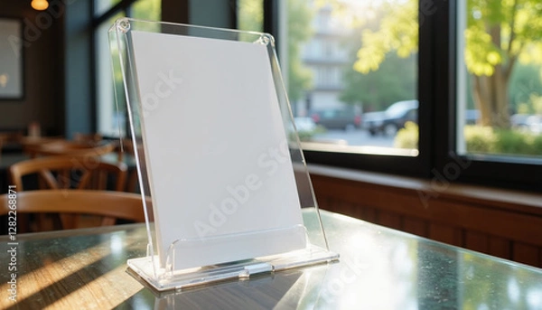 Fototapeta Blank menu stand on table in a café with natural light