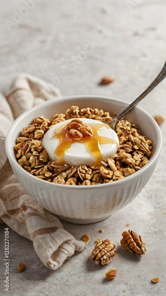 Fototapeta Granola Bowl Delight: A visually appealing close-up showcases a delightful bowl of granola, adorned with creamy yogurt, a drizzle of golden syrup, and a sprinkling of walnuts.