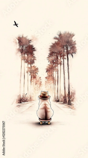 Fototapeta A minimalist drawing of a cat sitting on a skateboard, wearing a hat and sunglasses in front of palm trees along the road. Print, post for social media posts. 