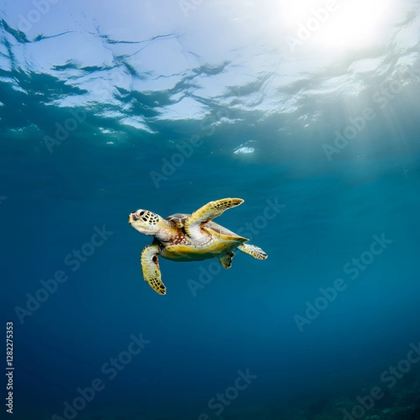 Fototapeta Majestic sea turtle swimming gracefully in crystal clear blue ocean with sunlight filtering through water