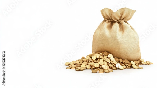 Obraz Golden Coin Bag with Spilled Coins on White Background