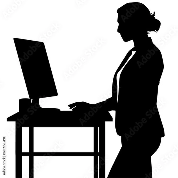 Fototapeta 立ってパソコンで仕事をする女性のシルエット