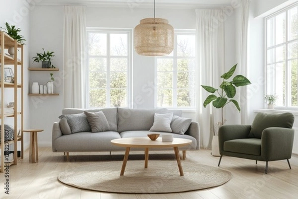 Fototapeta Bright living room with gray sofa, round coffee table, and green armchair.
