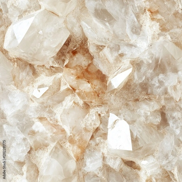 Fototapeta Seamless texture of raw quartz crystal, high transparency with white and beige inclusions, light refractions
