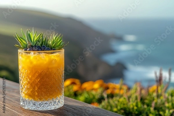 Fototapeta Refreshing tropical beverage with vibrant colors against a stunning coastal backdrop during golden hour