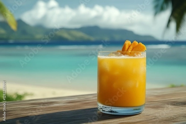 Fototapeta Refreshing tropical drink on a wooden table overlooking a stunning beach under bright clouds