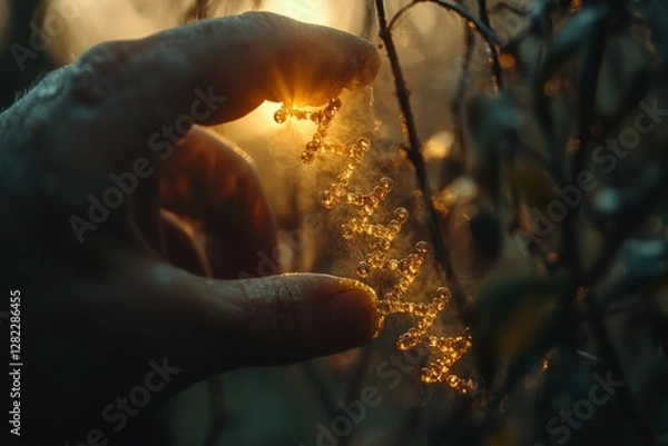 Fototapeta Hand holding illuminating droplets in a natural setting at dusk showcasing the beauty of nature