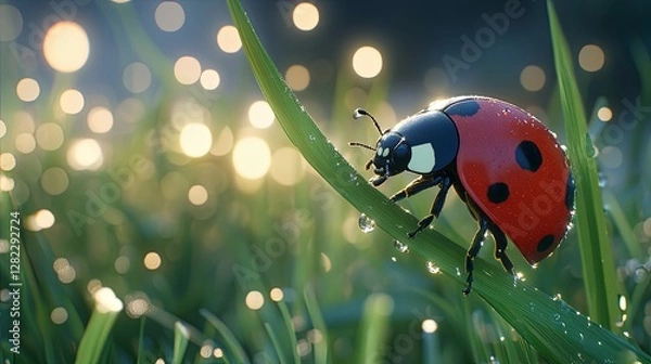 Fototapeta Close-up of a bright red ladybug on a dewy blade of grass in a sunlit field during early morning