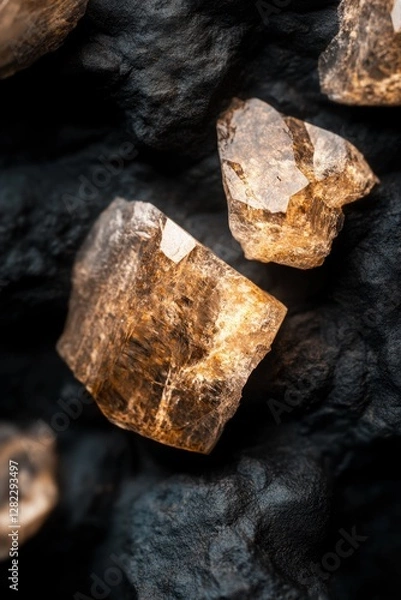 Fototapeta Smoky quartz crystals gleam against a dark background, showcasing their amber hues and unique formations.