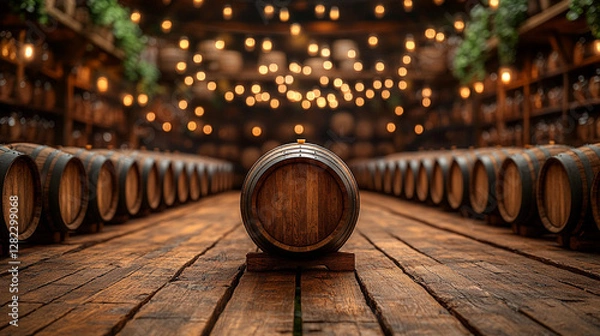 Fototapeta Wooden oak barrels stacked in a cool cellar, representing the aging process of wine or brandy in a distillery. Symbolizing craftsmanship, tradition, and the meticulous art of winemaking.

