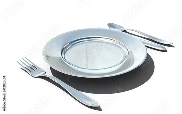 Obraz knife, fork, spoon and plate - isolated 3d render
