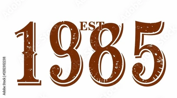Obraz A white background graphic design showcasing a vintage-style typography, where the text 'EST 1985' is rendered in a serif font with distressed edges and a deep brown color.