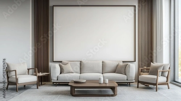 Fototapeta A modern living room featuring a light-colored sofa, two armchairs, a wooden coffee table, and a large blank wall, emphasizing minimalistic style.