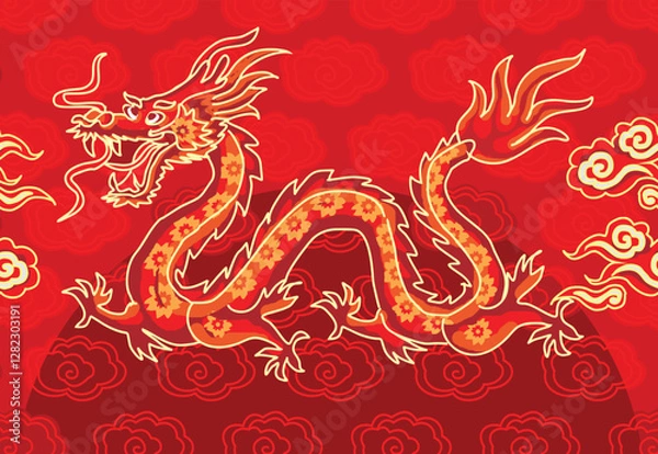 Fototapeta Batik design with dragon motif with dragon, cloud and flower background. Mandarin translation: Dragon