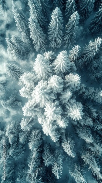 Fototapeta Aerial View of Snow-Covered Evergreen Trees in Forest, Background Snowscape