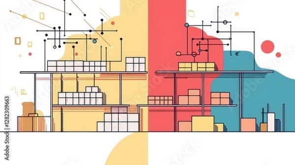 Fototapeta Distribution network flat design side view retail theme cartoon drawing Split-complementary color scheme.