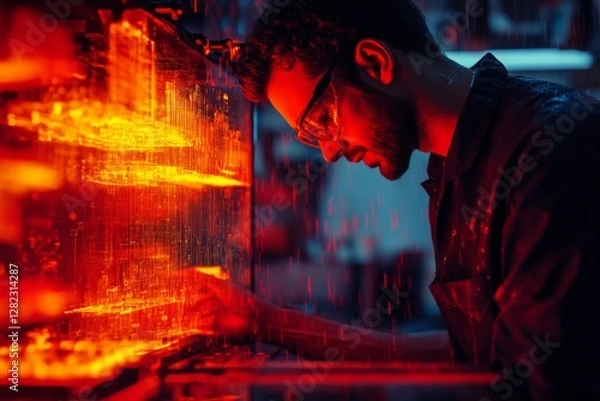 Obraz Worker engaged in a detailed task under vibrant lighting in a workshop during the evening hours