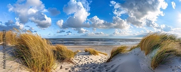 Fototapeta A beach with a body of water and a bunch of grass