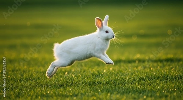 Obraz A fluffy white rabbit leaps joyfully across a vibrant green meadow, its ears flopping mid-air. The golden sunlight highlights the softness of its fur, creating a peaceful and heartwarming scene.
