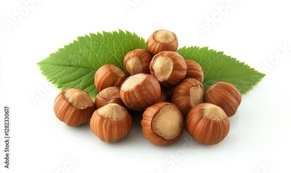 Obraz A cluster of fresh hazelnuts resting on vibrant green leaves against a clean white background