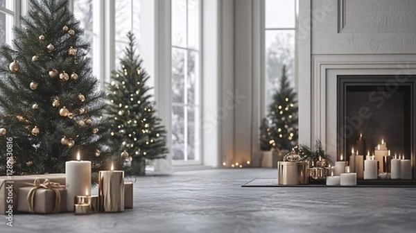 Fototapeta Christmas trees lit with fairy lights framing a window in a bright room