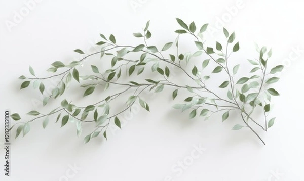 Fototapeta A delicate arrangement of green and gray leaves on a white background, symbolizing nature's tranquility