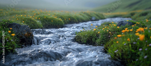 Obraz Mountain Stream Flowing Through Wildflowers.
