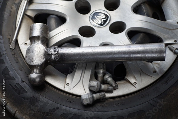 Fototapeta rueda, automotriz, mecánico, close-up, viejo, discos de freno