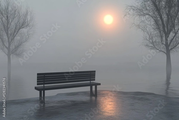 Obraz Empty park bench in a frosty landscape, symbolizing reflection and space for personal messages