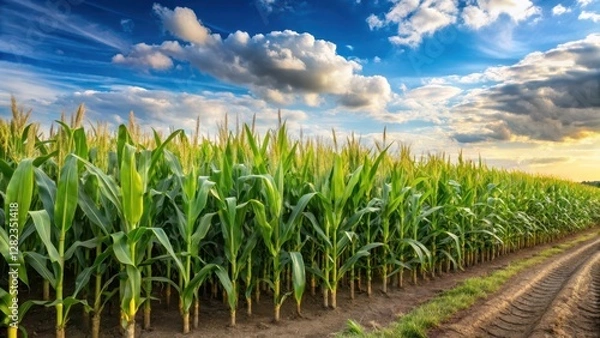 Fototapeta A panoramic view of a vast cultivated cornfield with ear after ear of corn on the cob in various stages of growth and ripeness, rural landscape, nature