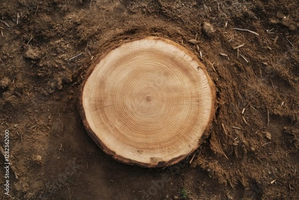 Fototapeta Freshly cut tree stump showing growth rings lying on the ground