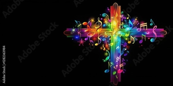 Fototapeta Vibrant colorful cross with musical notes intertwined , inspiring , notes,  inspiring , notes, visual, abstract, symphony