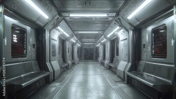 Obraz Futuristic spaceship corridor with metallic walls, benches, and doors.