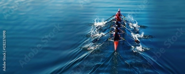 Fototapeta A row of people in a boat on a lake