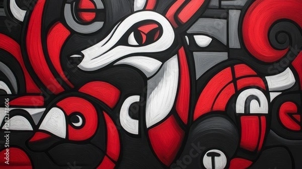 Fototapeta Abstract painting features a fox bird and other animal forms