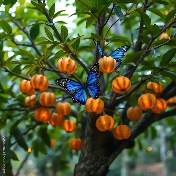 Fototapeta A butterfly sits on an orange pumpkin tree branch