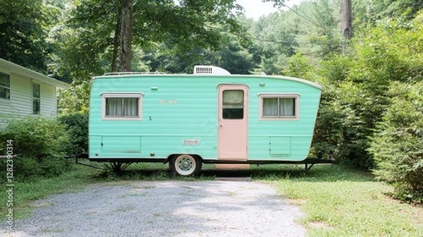 Fototapeta Retro Camper in a Peaceful Campground Setting