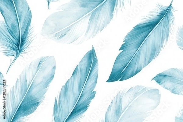 Fototapeta Soft Blue Watercolor Feathers Seamless Pattern Texture