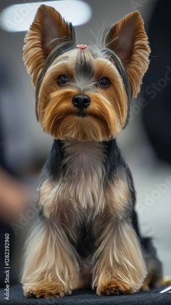 Fototapeta Portrait of an adorable Yorkshire Terrier with glossy fur at a dog grooming event