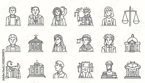 Fototapeta Diverse Professions and Landmarks: A Collection of Line Art Illustrations
